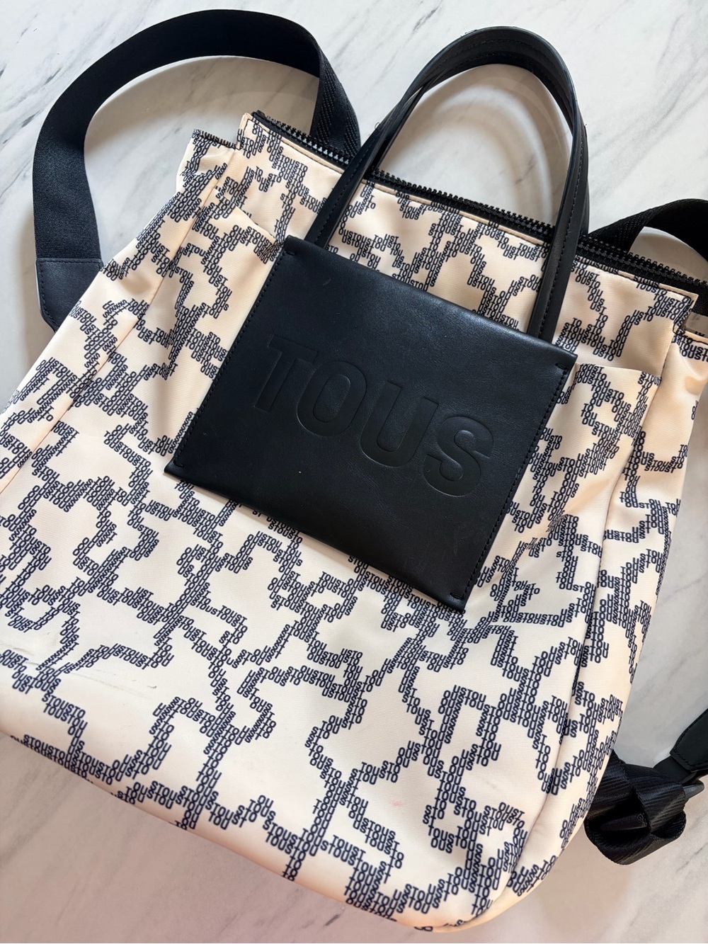 TOUS Black and Cream Signature Tote with Embossed Logo Backpack